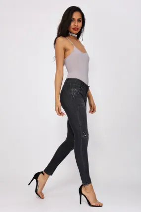 Black Sequin Trim Distressed Jeans