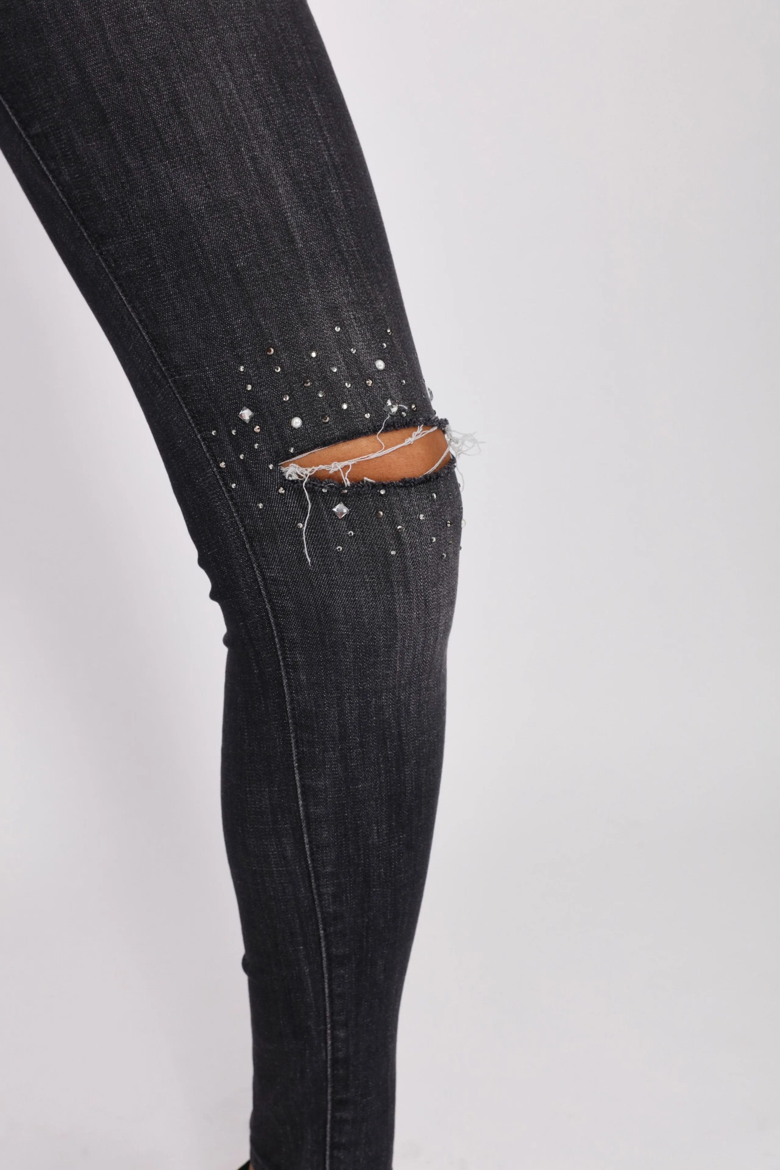 Black Sequin Trim Distressed Jeans