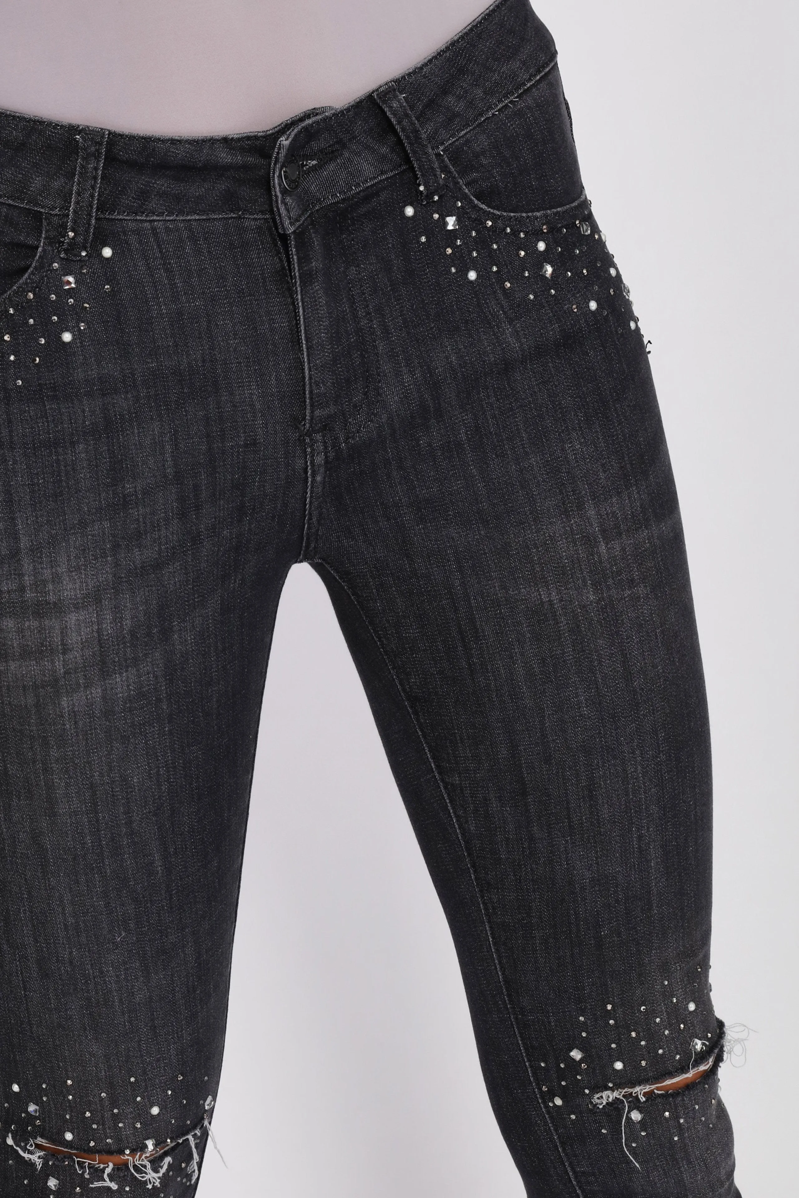 Black Sequin Trim Distressed Jeans