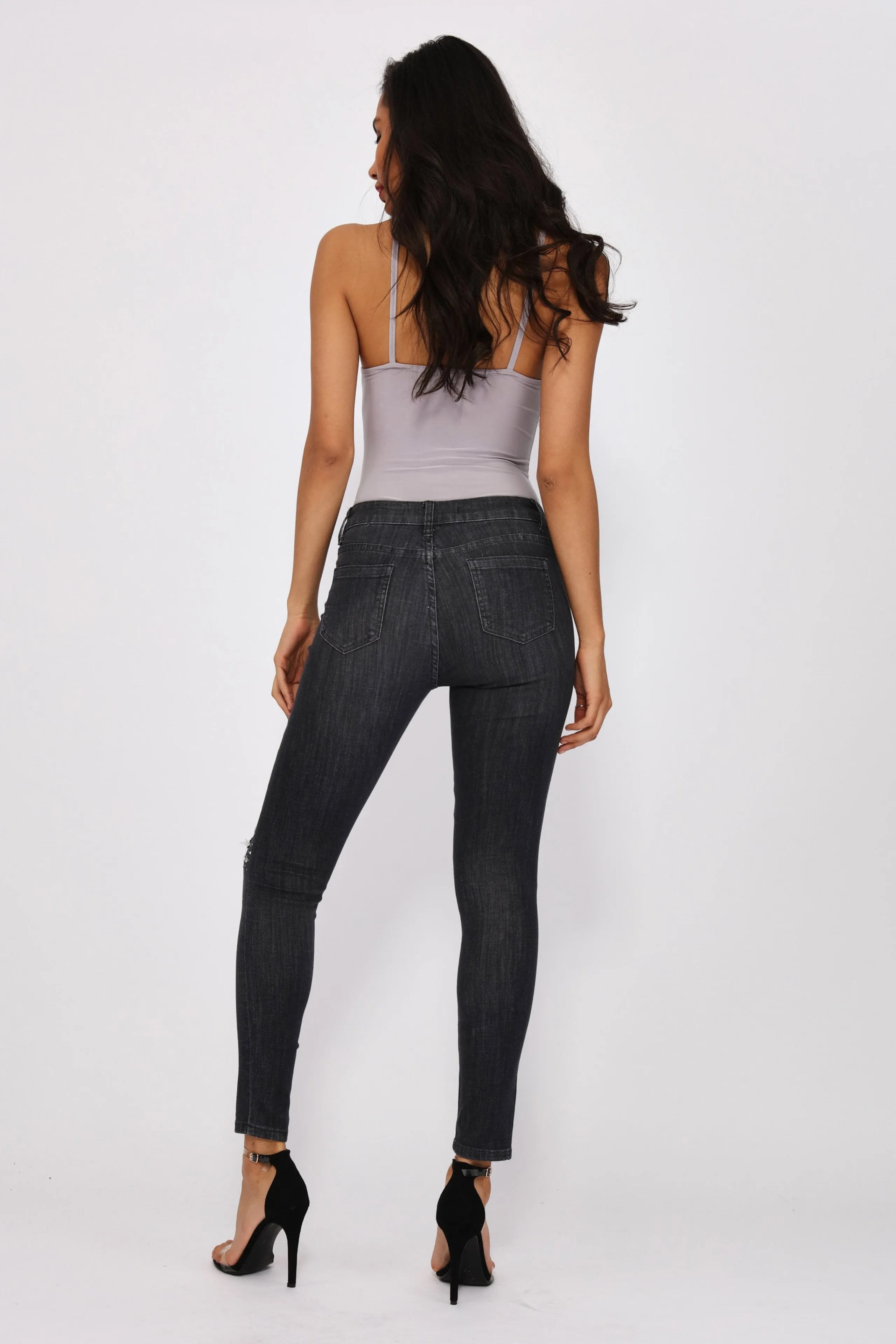 Black Sequin Trim Distressed Jeans
