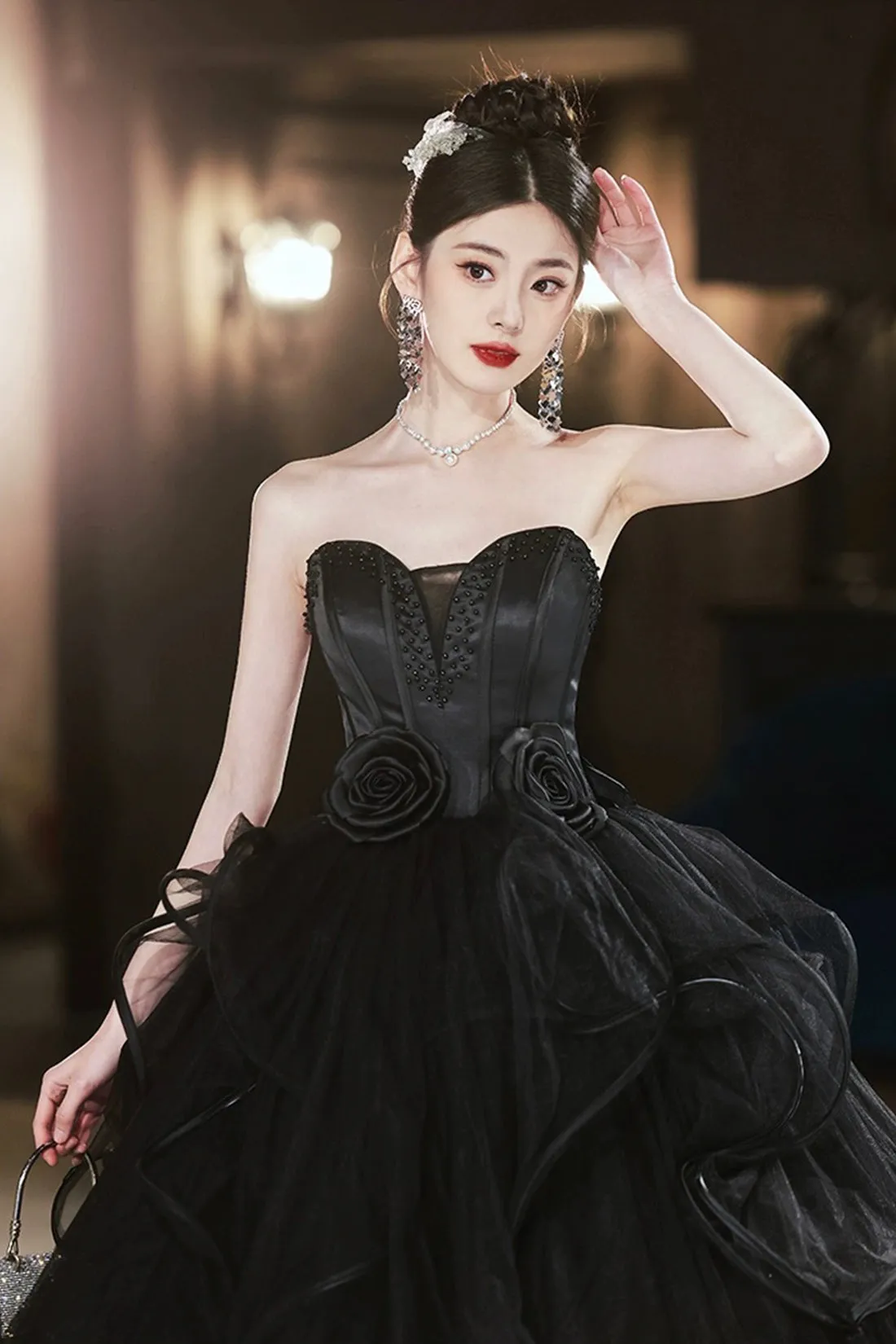 Black Strapless Satin Tulle Long Prom Dress, A-Line Evening Party Dress