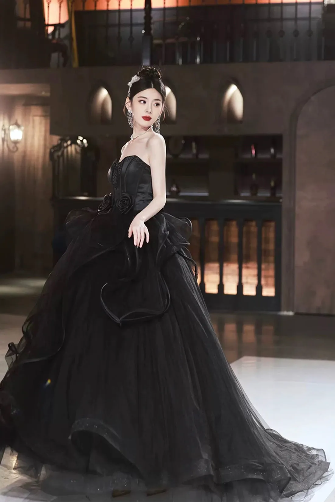 Black Strapless Satin Tulle Long Prom Dress, A-Line Evening Party Dress