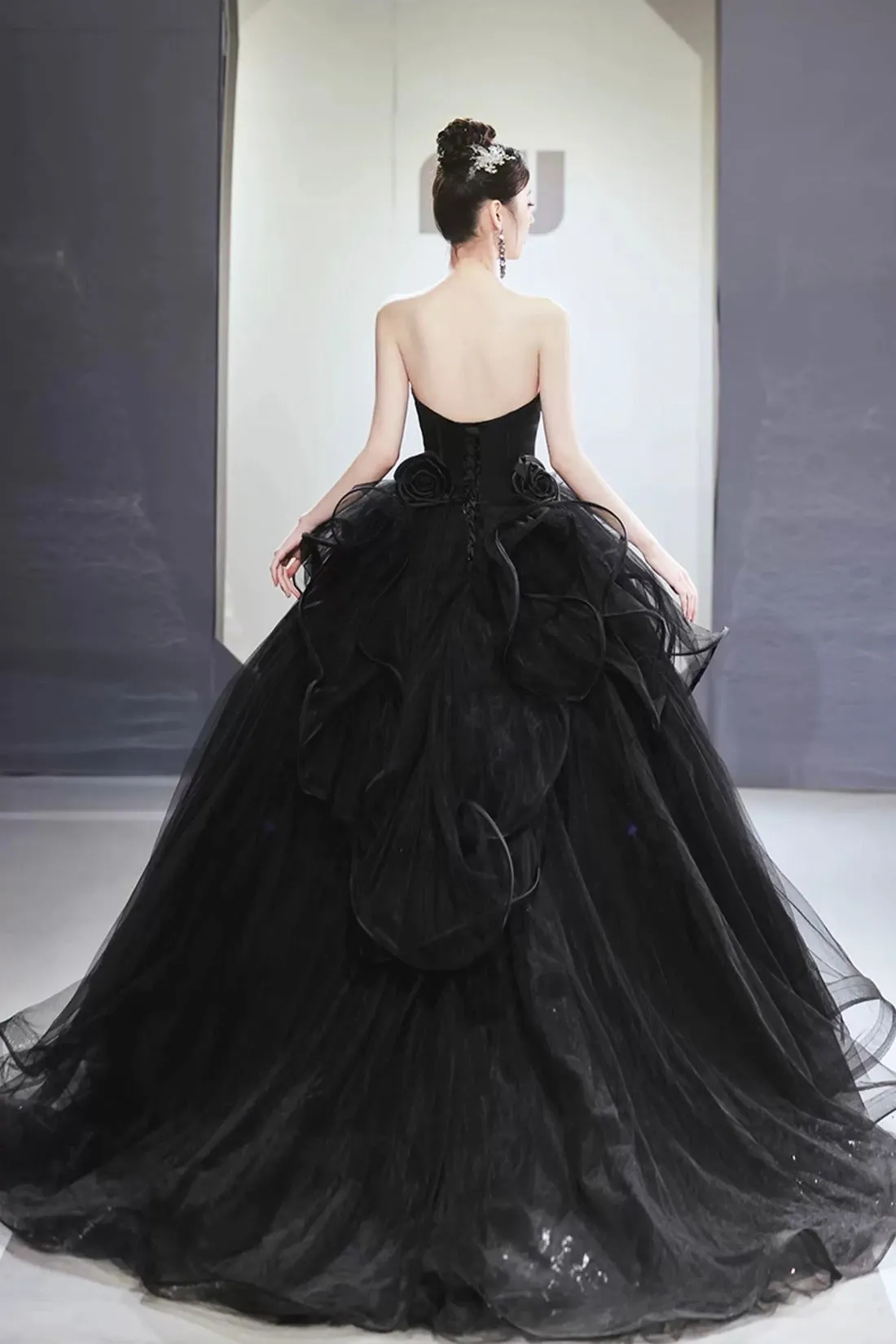 Black Strapless Satin Tulle Long Prom Dress, A-Line Evening Party Dress