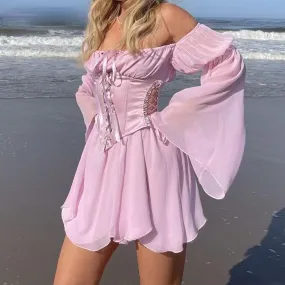 Black/White/Pink Flare Sleeve Chiffon Dress With Corset 2 Piece Set MK16116