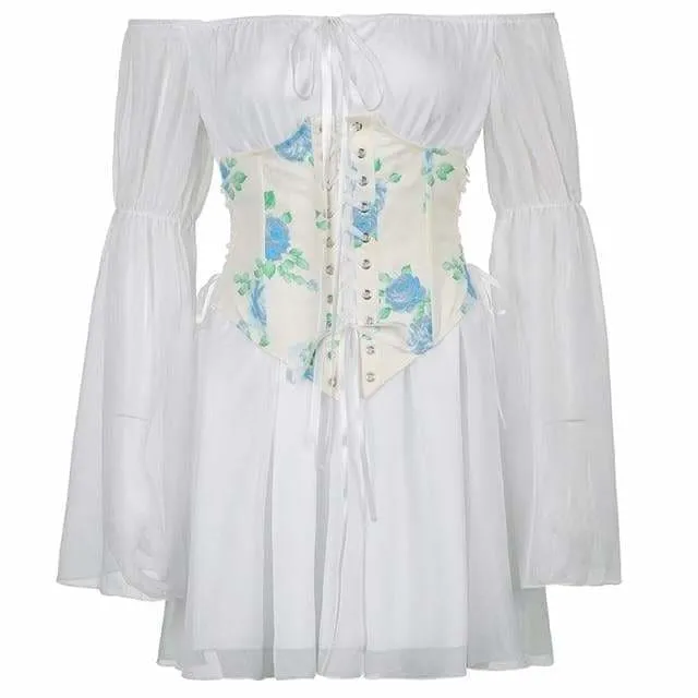 Black/White/Pink Flare Sleeve Chiffon Dress With Corset 2 Piece Set MK16116