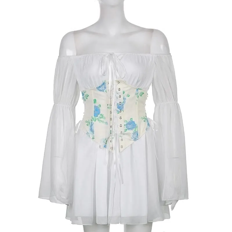 Black/White/Pink Flare Sleeve Chiffon Dress With Corset 2 Piece Set MK16116