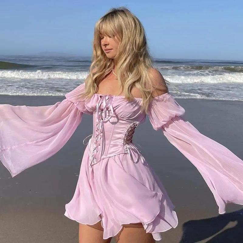 Black/White/Pink Flare Sleeve Chiffon Dress With Corset 2 Piece Set MK16116