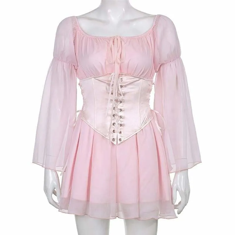 Black/White/Pink Flare Sleeve Chiffon Dress With Corset 2 Piece Set MK16116