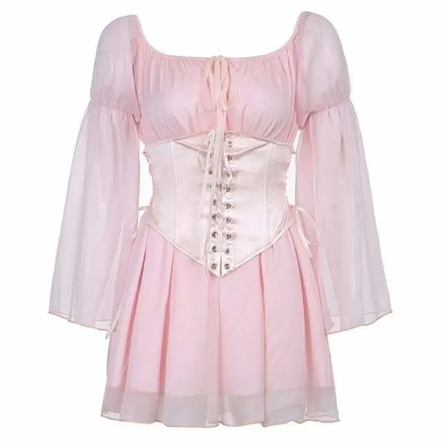 Black/White/Pink Flare Sleeve Chiffon Dress With Corset 2 Piece Set MK16116