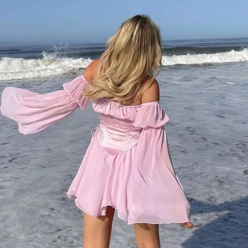 Black/White/Pink Flare Sleeve Chiffon Dress With Corset 2 Piece Set MK16116