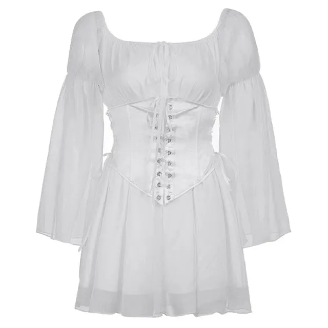 Black/White/Pink Flare Sleeve Chiffon Dress With Corset 2 Piece Set MK16116