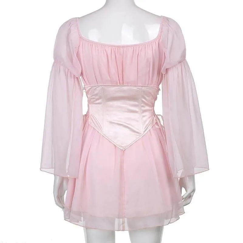 Black/White/Pink Flare Sleeve Chiffon Dress With Corset 2 Piece Set MK16116