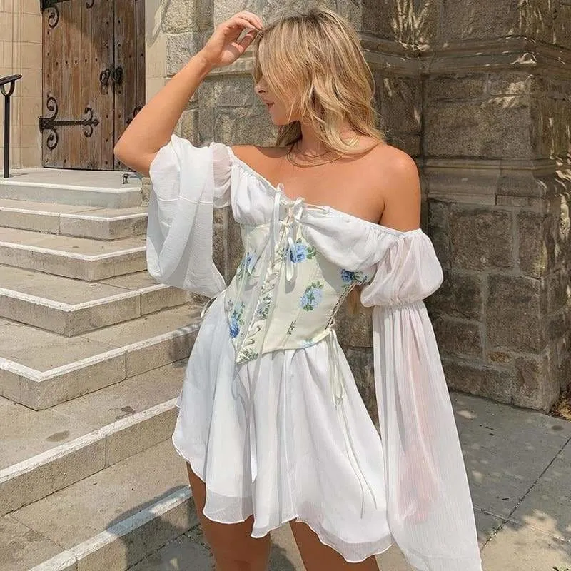Black/White/Pink Flare Sleeve Chiffon Dress With Corset 2 Piece Set MK16116
