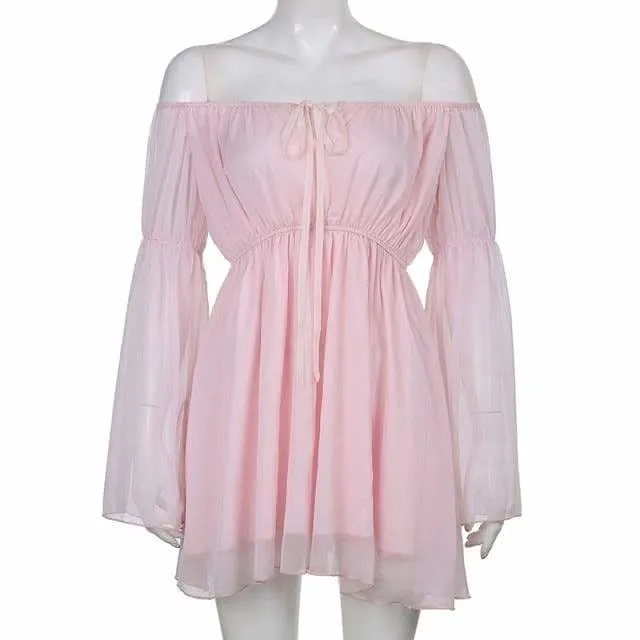 Black/White/Pink Flare Sleeve Chiffon Dress With Corset 2 Piece Set MK16116