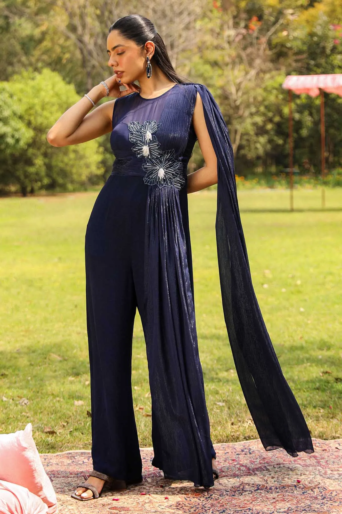 Blue Embroidered Drape Jumpsuit