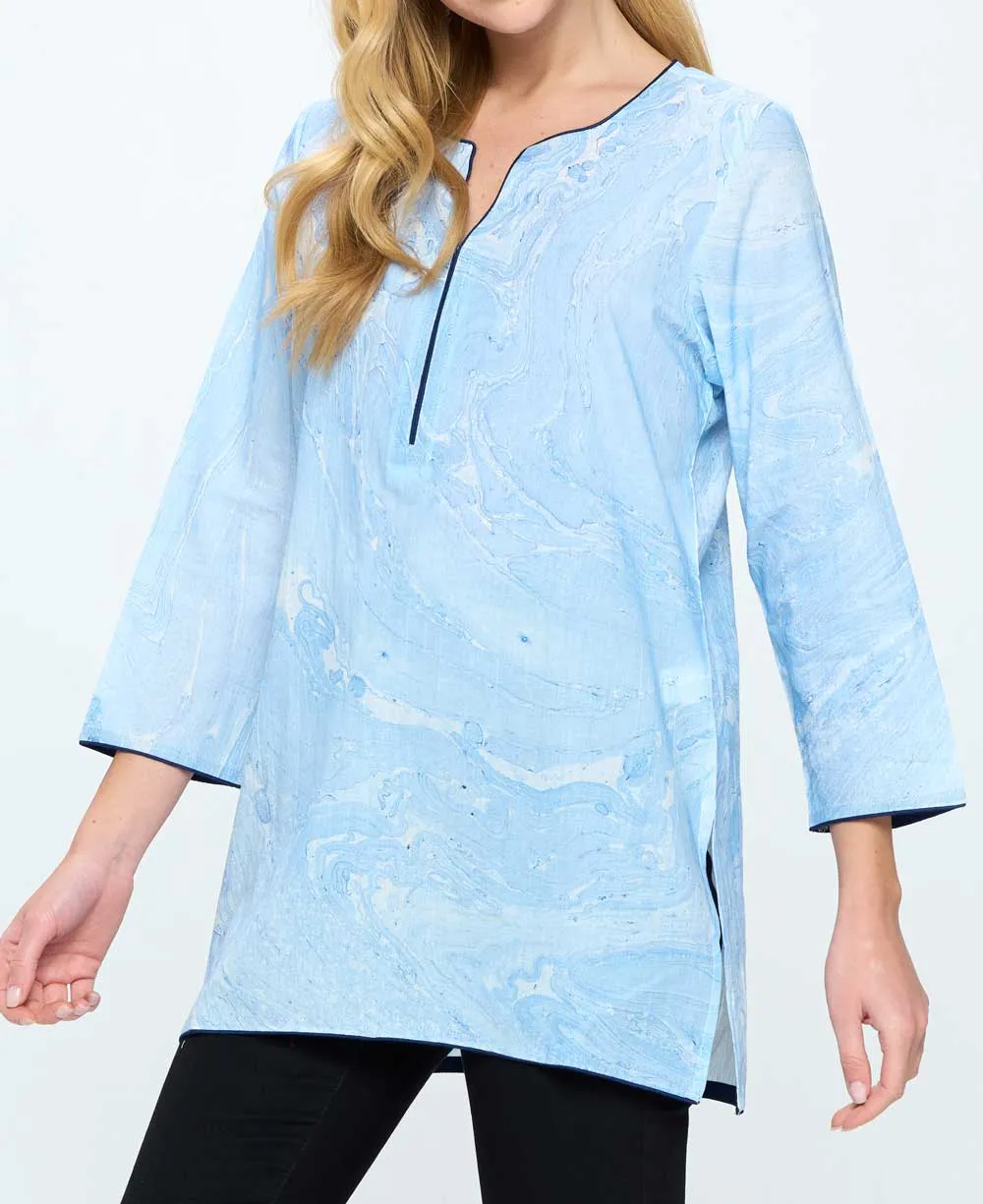 Blue Marble Print Soft Cotton Tunic Top
