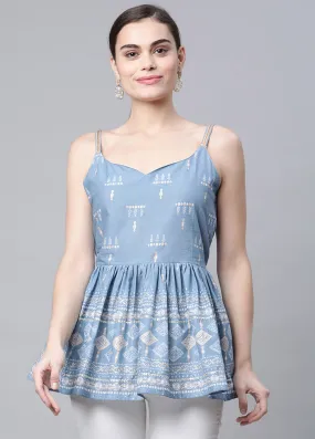 Blue Readymade Cotton Floral Printed Tunic