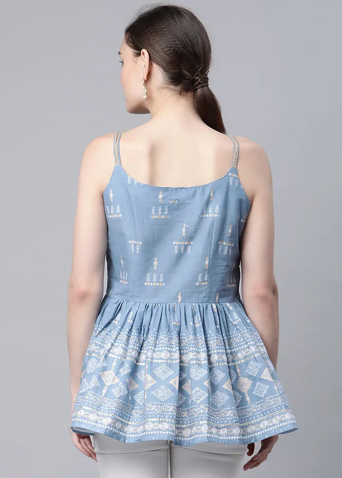 Blue Readymade Cotton Floral Printed Tunic