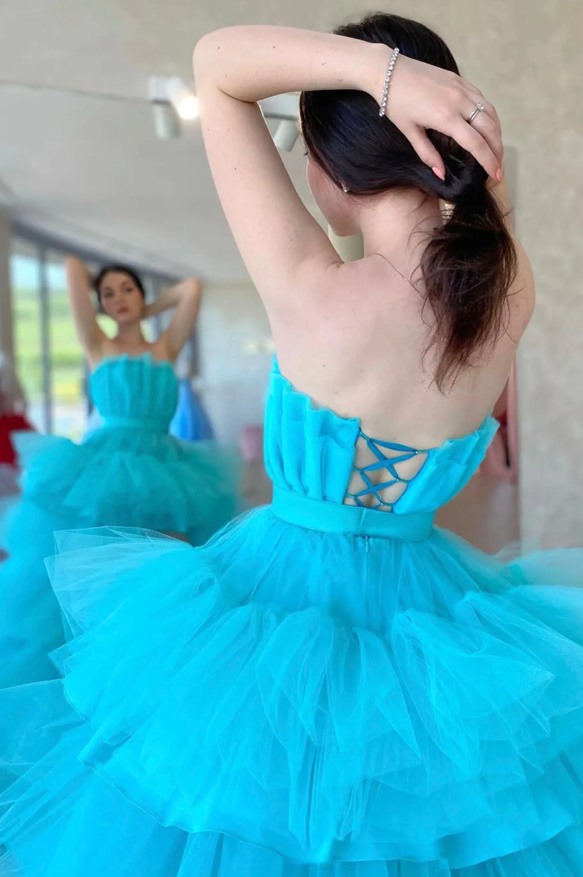 Blue Strapless Tulle High Low Prom Dress