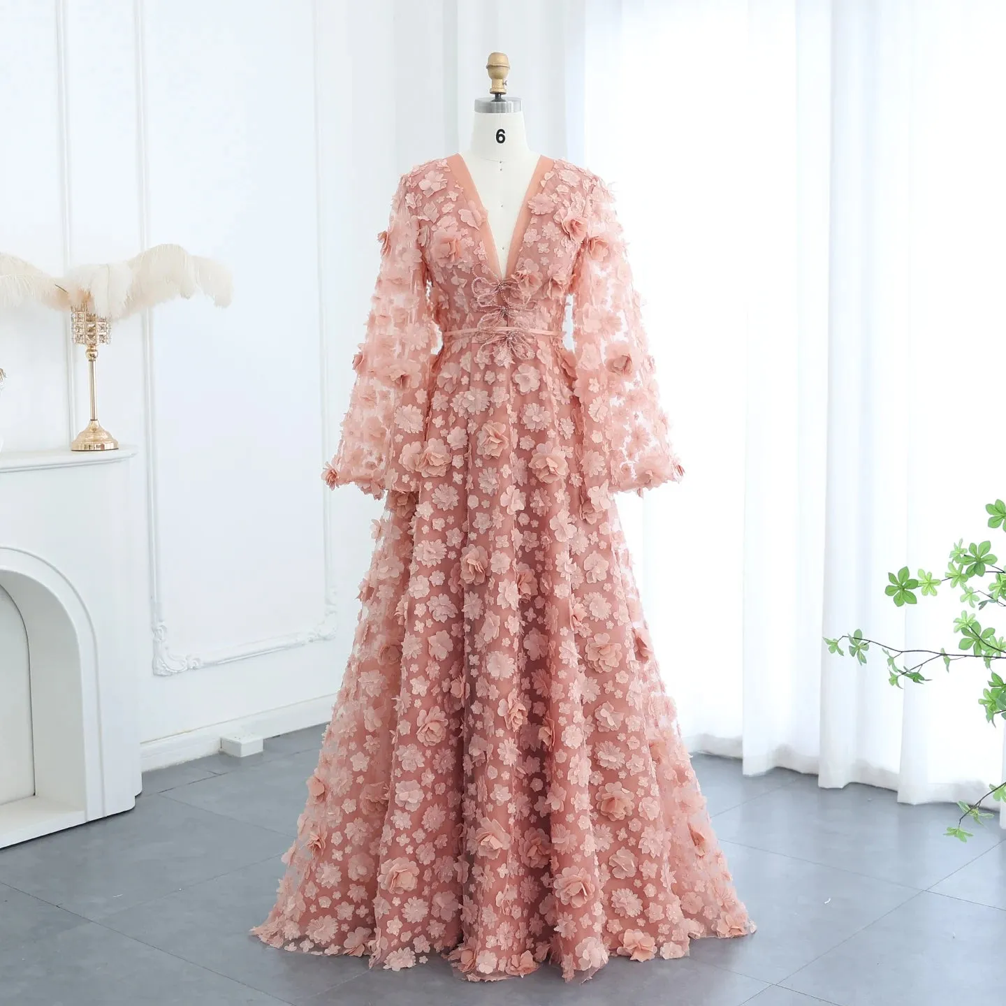 Blush Pink 3D Floral Evening Dress with Bell Sleeves