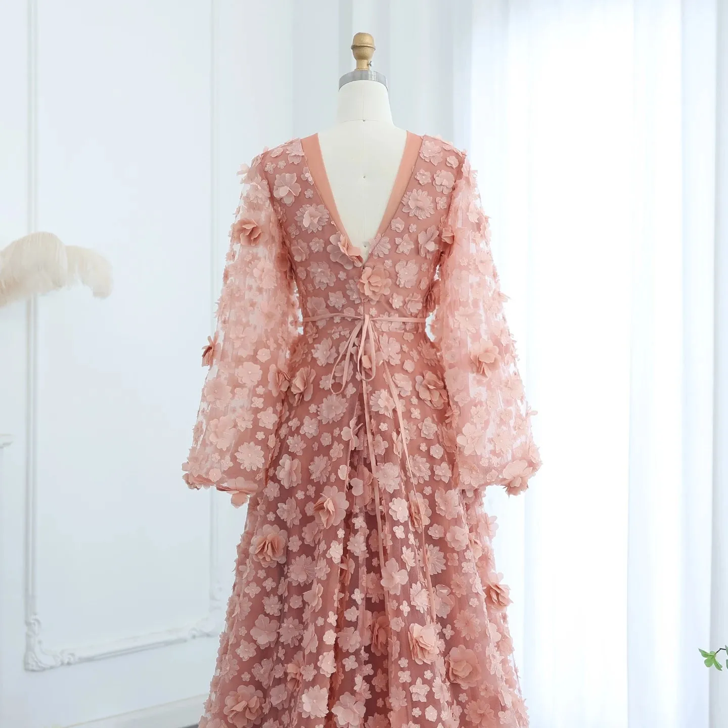 Blush Pink 3D Floral Evening Dress with Bell Sleeves
