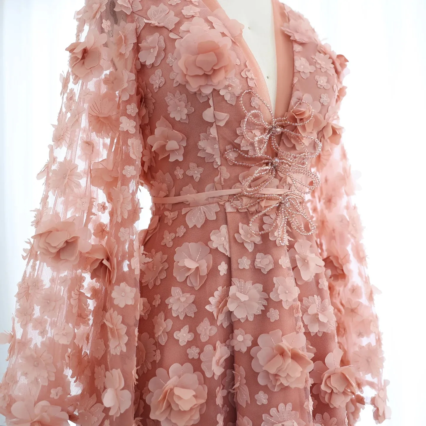 Blush Pink 3D Floral Evening Dress with Bell Sleeves