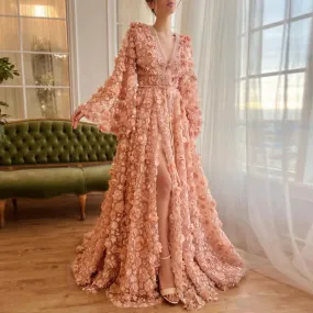 Blush Pink 3D Floral Evening Dress with Bell Sleeves