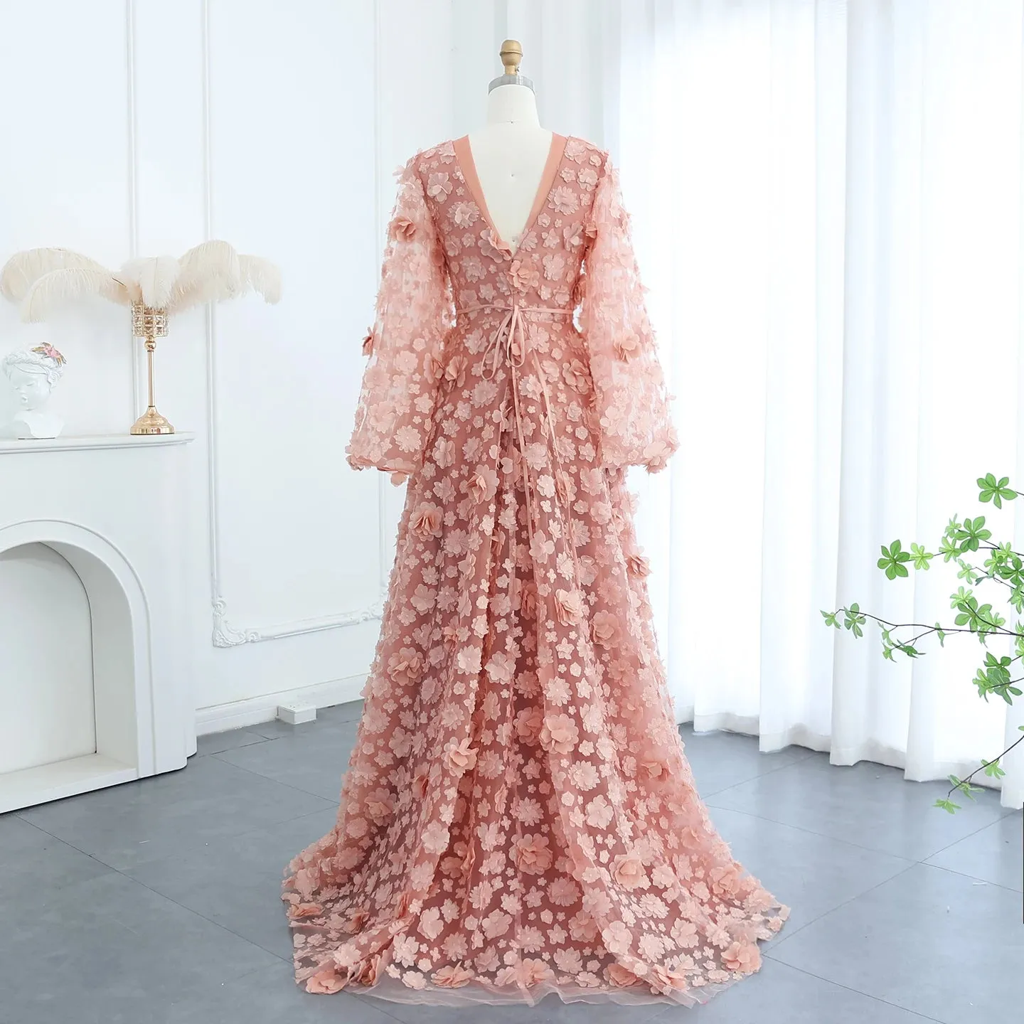 Blush Pink 3D Floral Evening Dress with Bell Sleeves