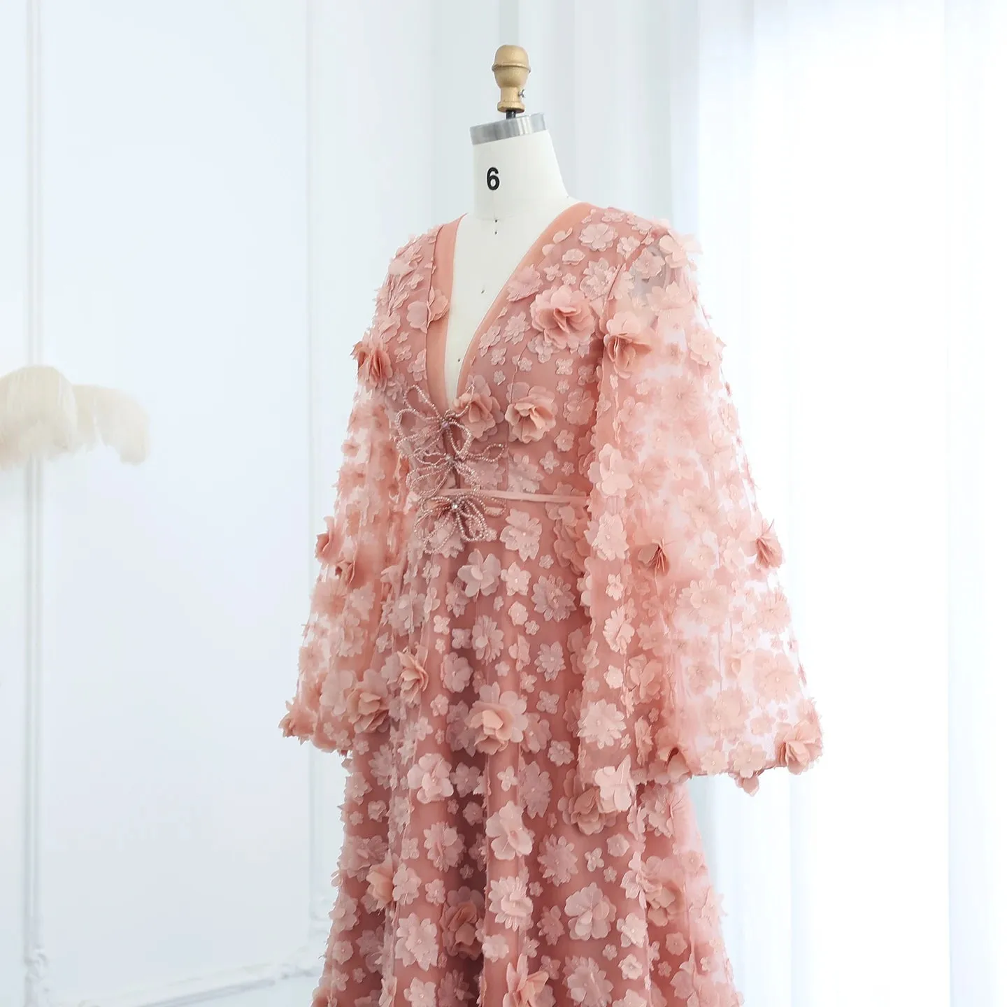 Blush Pink 3D Floral Evening Dress with Bell Sleeves