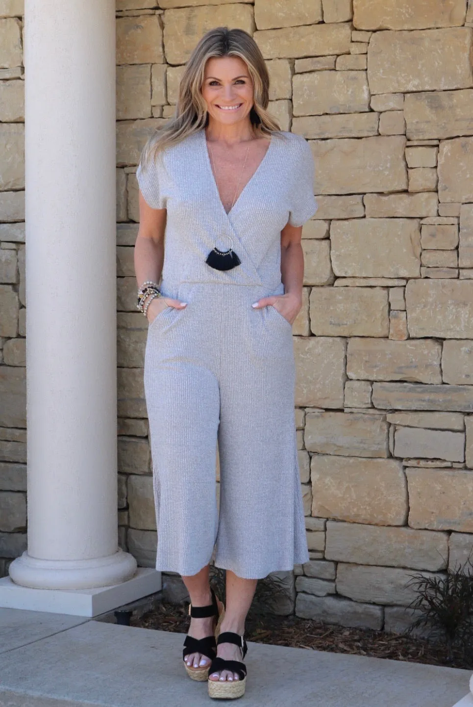 *BOBI BrushHeather RibKnit DOCKET DolmanSleeve Crop Jumpsuit