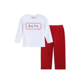 Boys White Christmas Smocked Shirt and Red Corduroy Pants Set