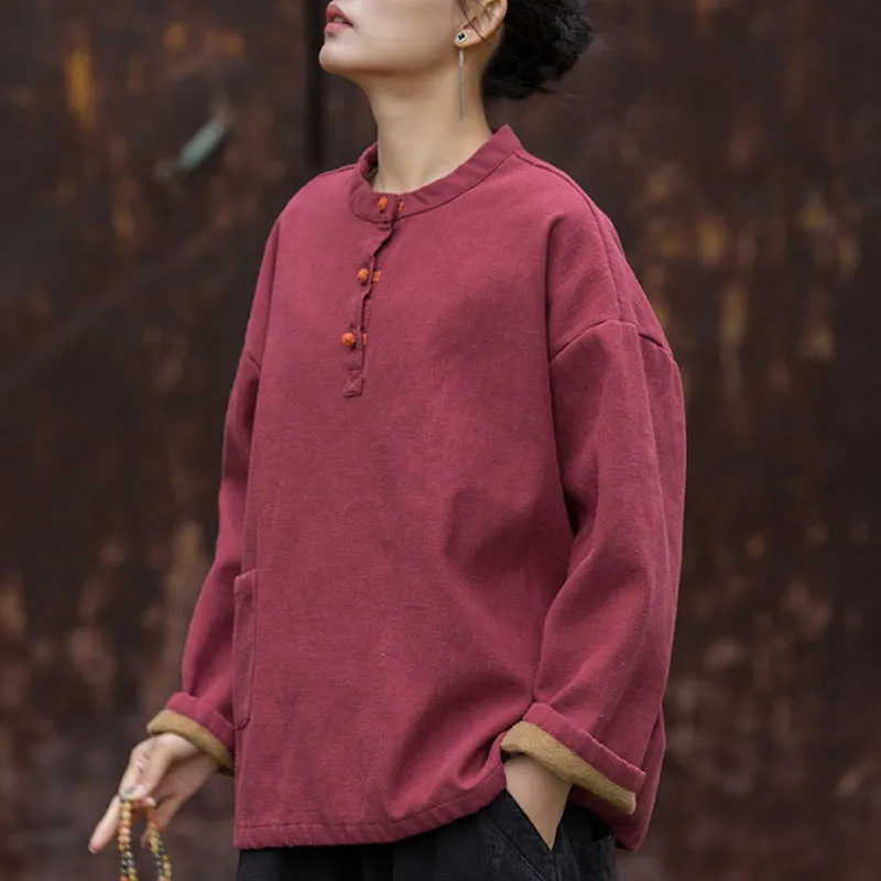 Buddha Stones Retro Solid Color Thermal Long Sleeve Ramie Linen Women's Shirt