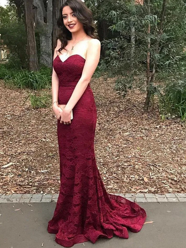 Burgundy Strapless Lace Mermaid Formal Dress with Court Train