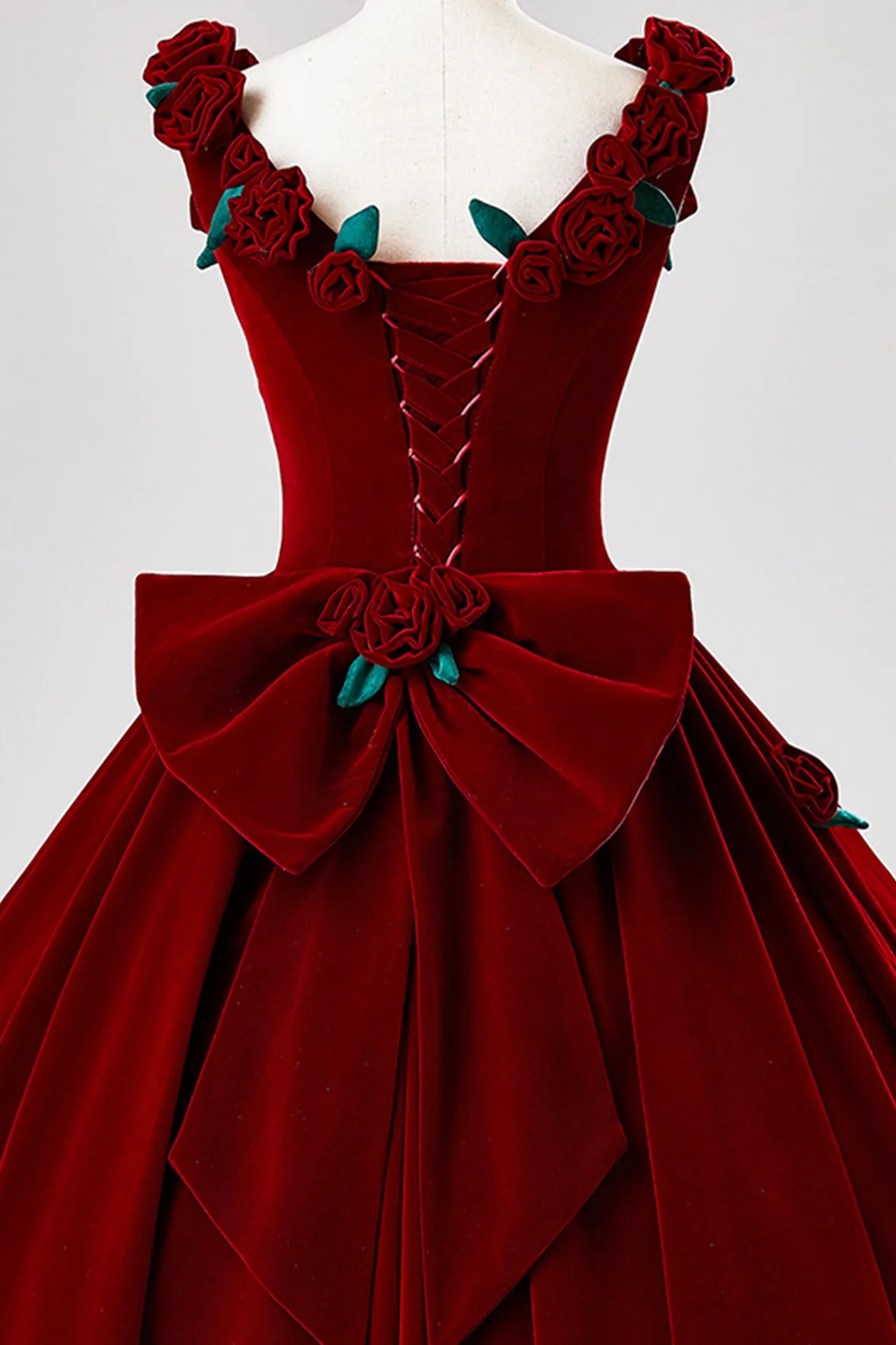 Burgundy Velvet Floor Length Prom Dress, A-Line Evening Party Dress with Flowers