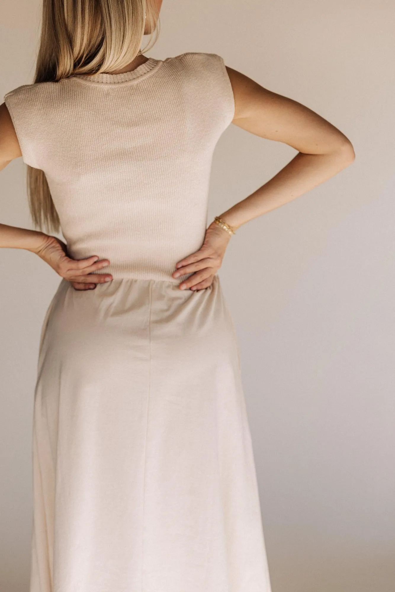 Carrie Cap Sleeve Sweater Dress in Beige