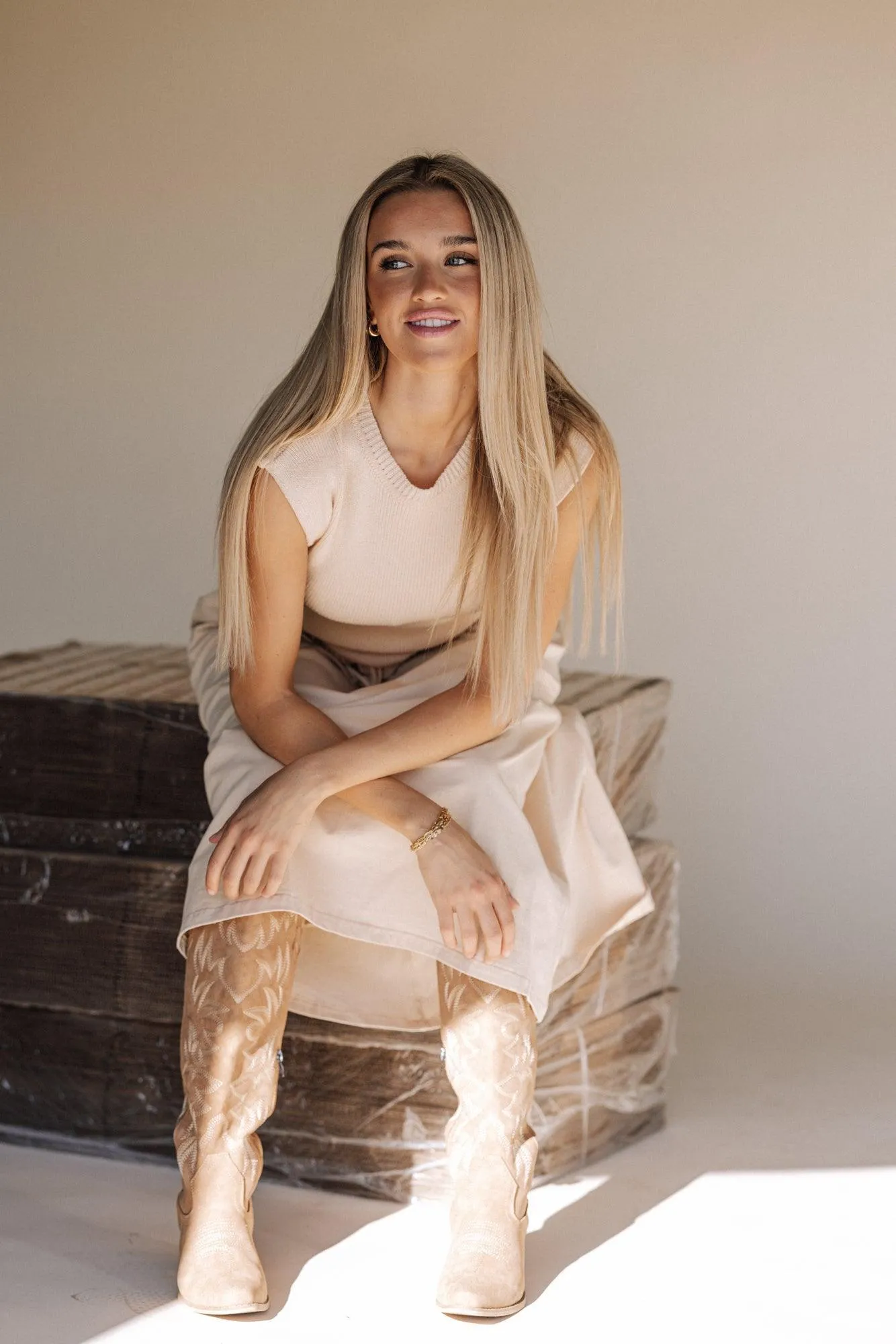 Carrie Cap Sleeve Sweater Dress in Beige