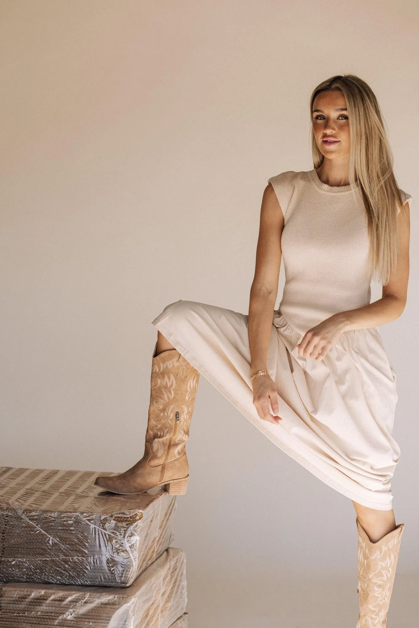 Carrie Cap Sleeve Sweater Dress in Beige