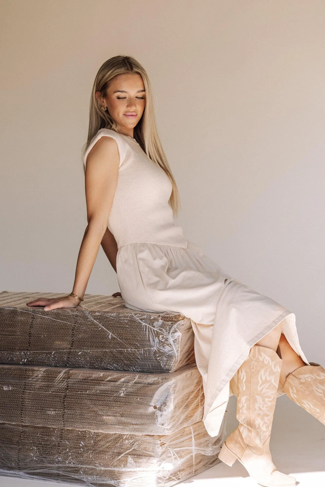 Carrie Cap Sleeve Sweater Dress in Beige