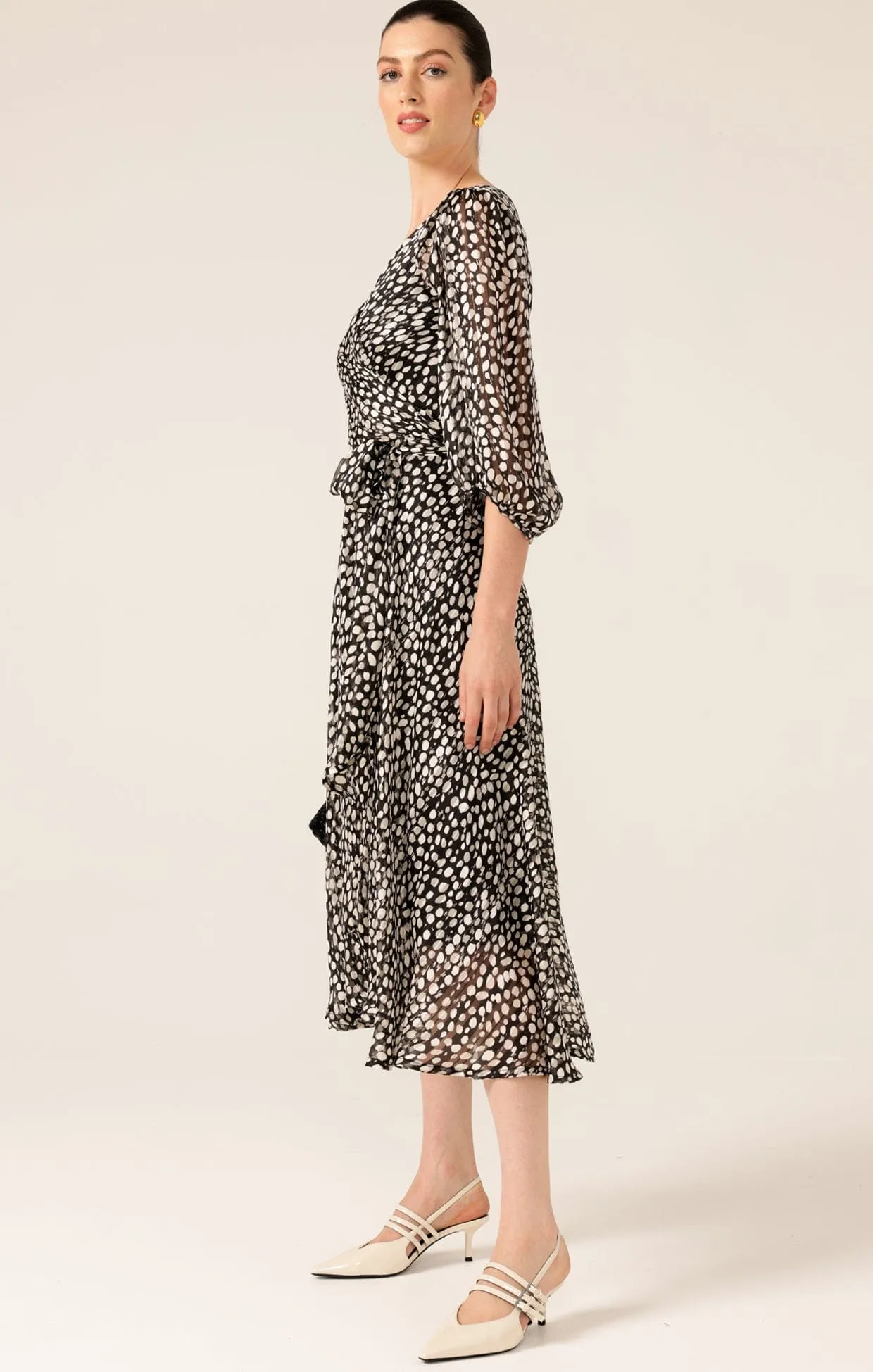 CLOUDLAND WRAP DRESS IN BLACK WHITE SPOT
