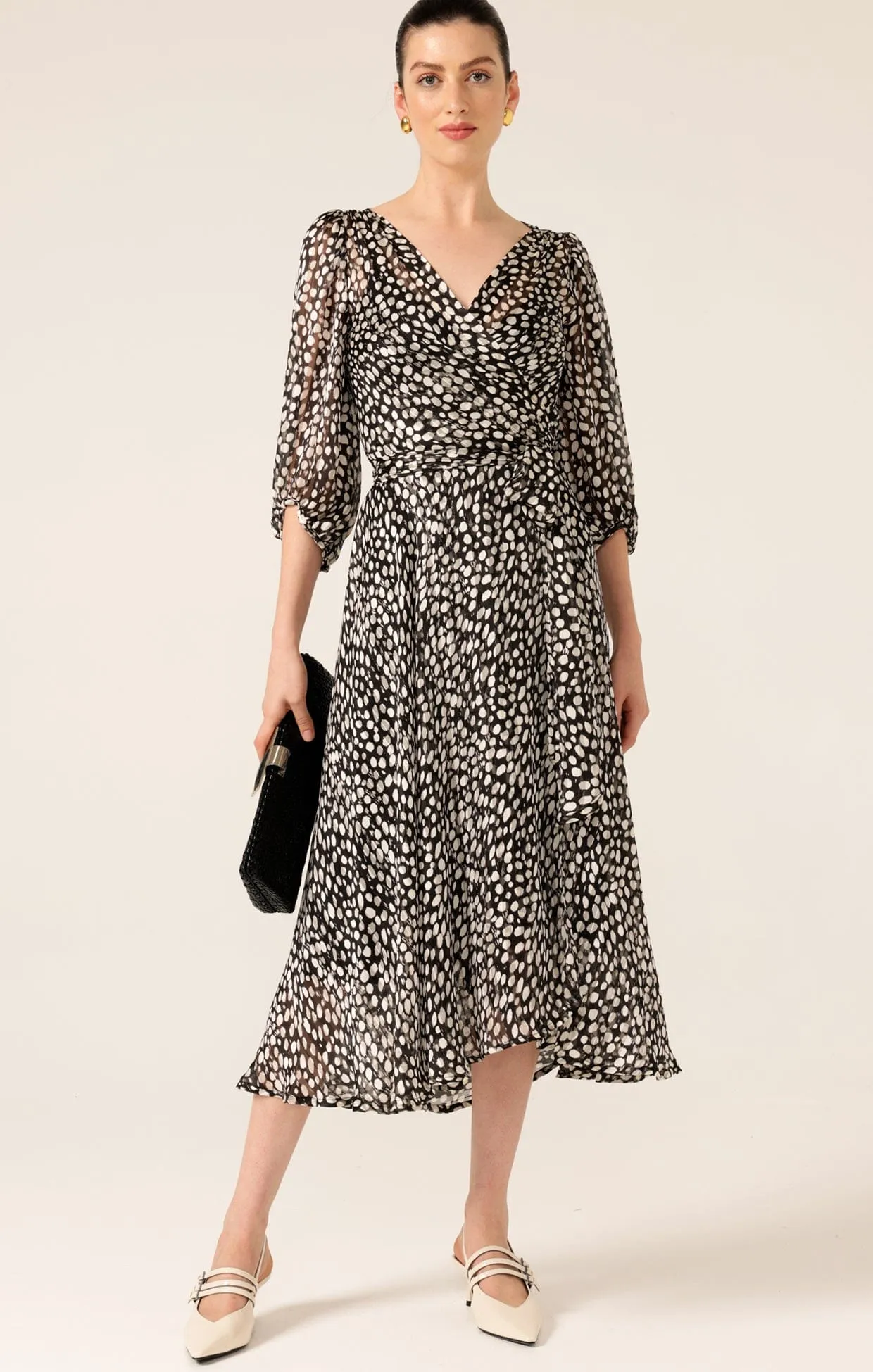 CLOUDLAND WRAP DRESS IN BLACK WHITE SPOT