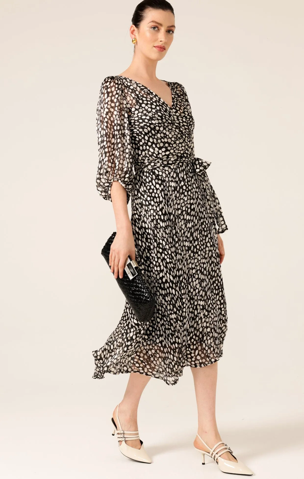 CLOUDLAND WRAP DRESS IN BLACK WHITE SPOT
