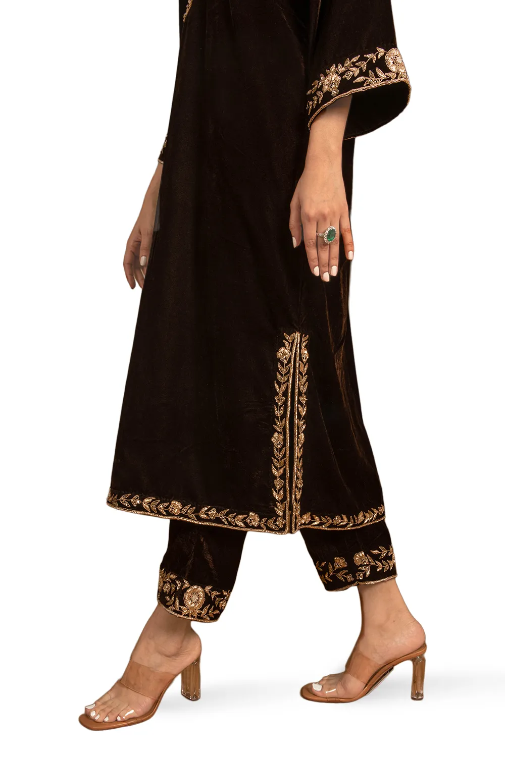 Coffee Brown Silk Velvet Embroidered Kurta Set