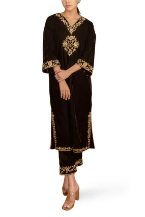 Coffee Brown Silk Velvet Embroidered Kurta Set