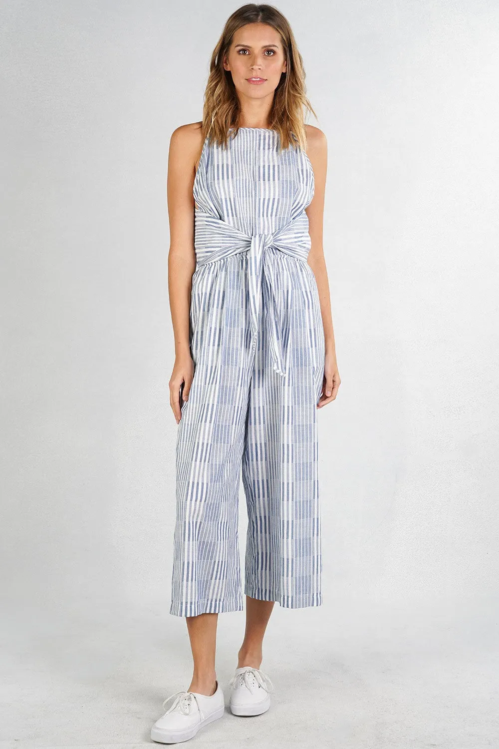 Cotton Striped Tie Front Cropped Jumpsuit