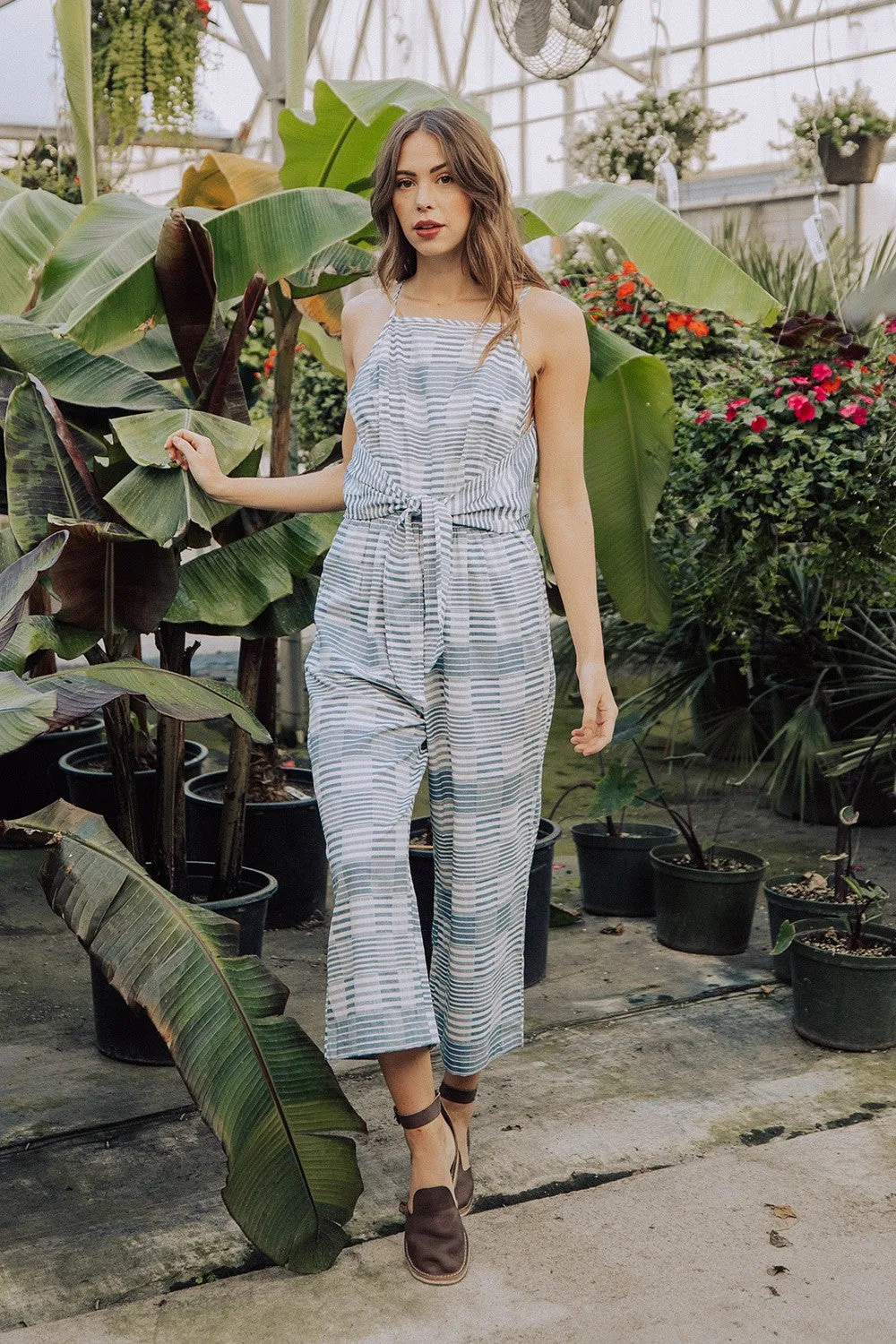 Cotton Striped Tie Front Cropped Jumpsuit
