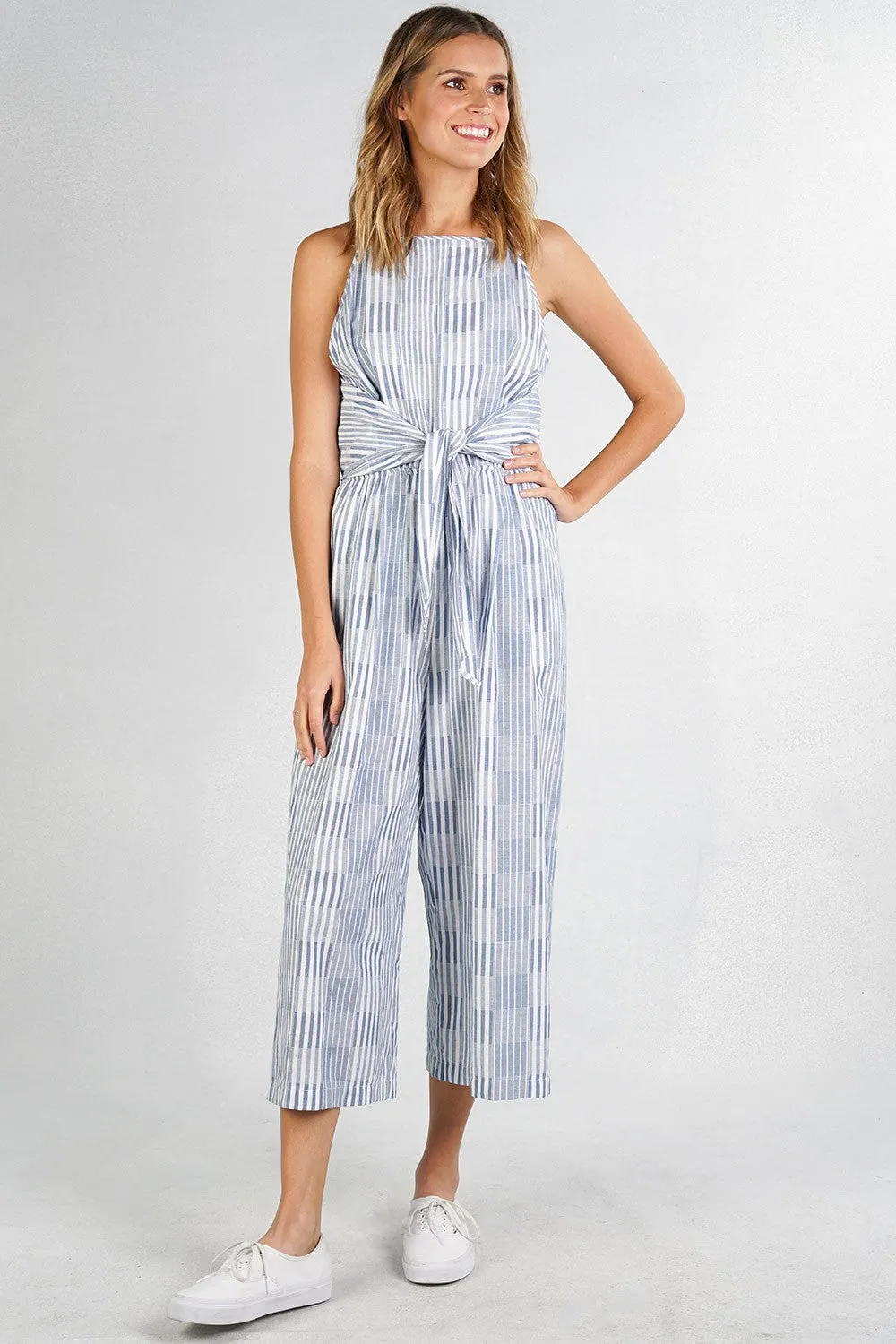 Cotton Striped Tie Front Cropped Jumpsuit