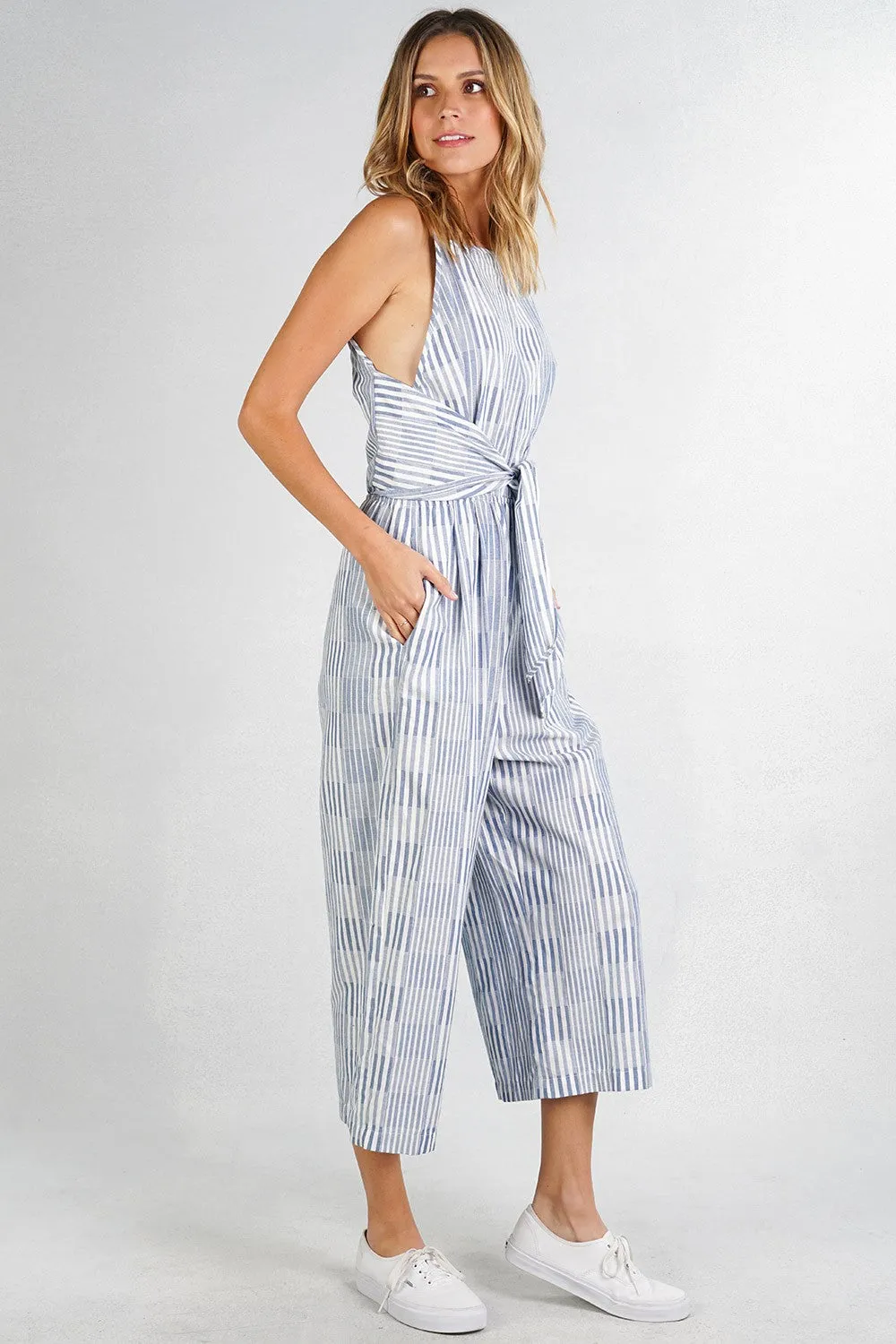 Cotton Striped Tie Front Cropped Jumpsuit