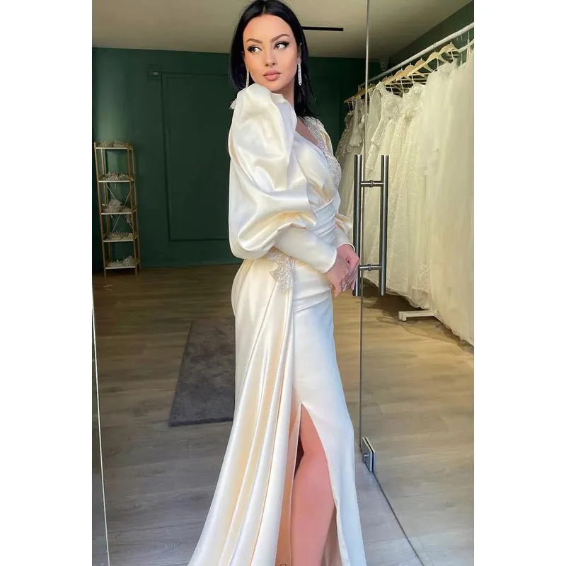 Couture & Ornate Long Sleeves V-Neck Sheath Side Slit Formal Prom Dress