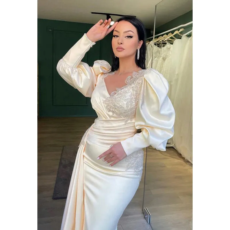 Couture & Ornate Long Sleeves V-Neck Sheath Side Slit Formal Prom Dress