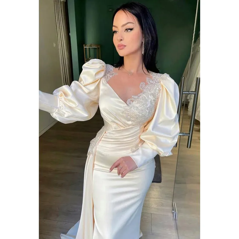 Couture & Ornate Long Sleeves V-Neck Sheath Side Slit Formal Prom Dress